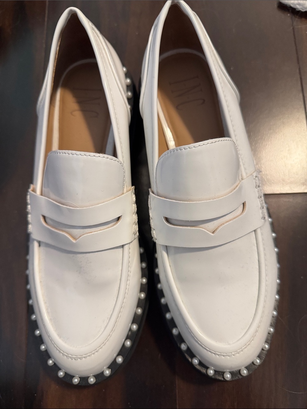 INC International Concepts White Pearl-Trim Penny Loafers